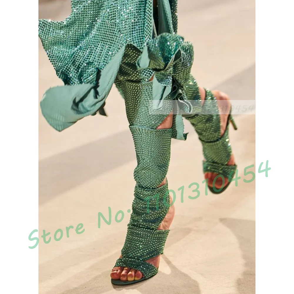 Green Rhinestone Patchwork Sandals Women Puttee Runway Open Toe Suede Dress Shoes Elegant Open Toe High Stiletto Heels Sandals