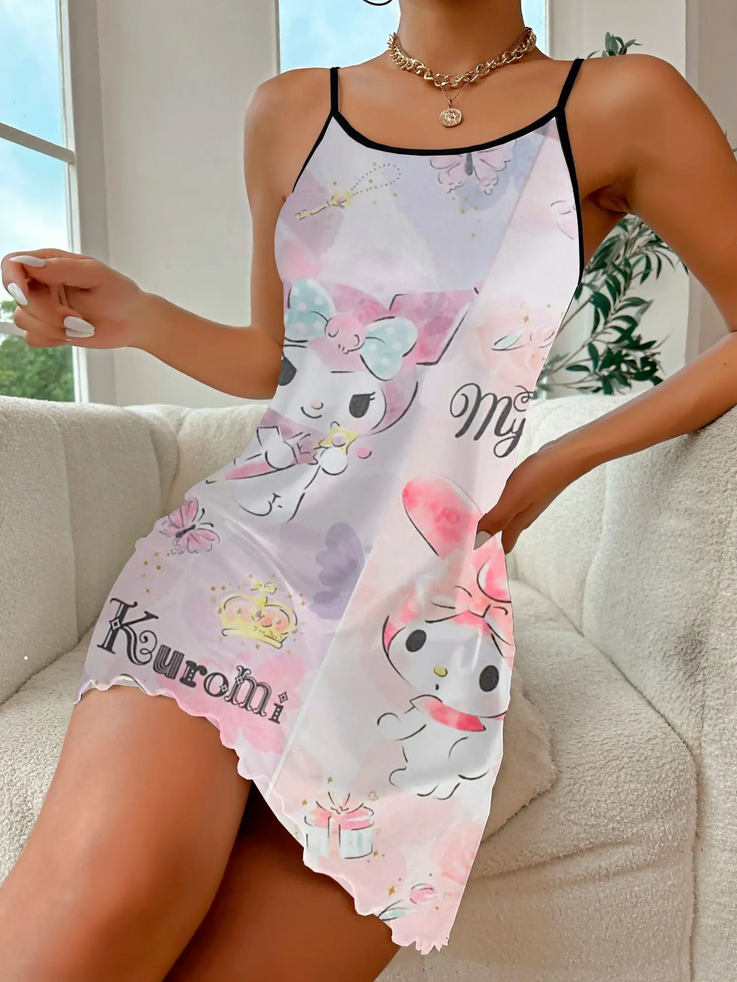 Sexy Dress Summer Clothes Kuromi Disney Elegant Dresses for Women Lettuce Trim Crew Neck Pajama Skirt Fashion 2024 Women's Chic