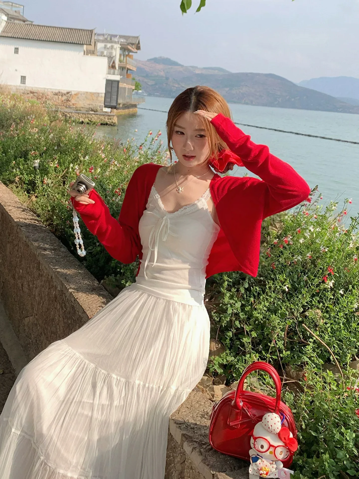 Red Knitted Short Cardigan Women's Summer Thin Outerwear with Strap UV Protection Coat 2026 New Style V-neck Long Sleeve Top