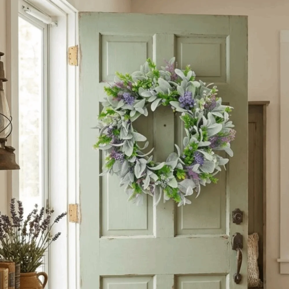 

Flocked Lambs Ear Lavender Wreath Lifelike Realistic Artificial Wreath Vivid Colors Faux Flowers Door Hanging Wreath