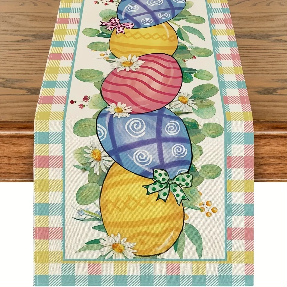 

Buffalo Plaid Daisy Egg Pattern Linen Table Runner Easter Theme Table Runner Seasonal Kitchen Family Party Dining Table Decor