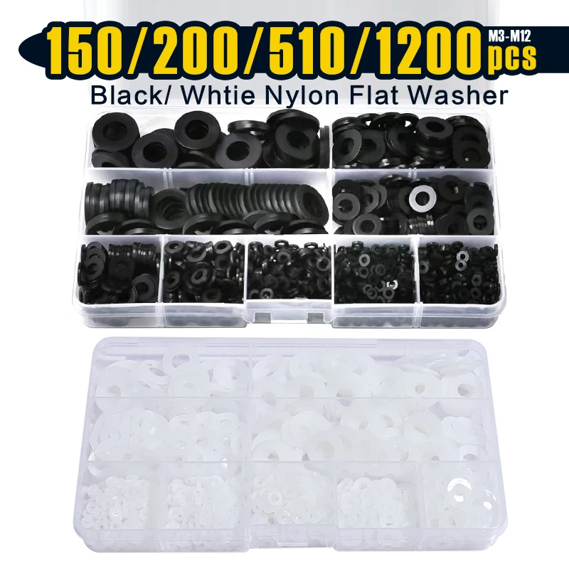 150-1500 PCS Nylon Flat Washers for Screws Bolts, 9 Sizes Plastic Washers Assortment Kit, Black Washers Assortment for Screws