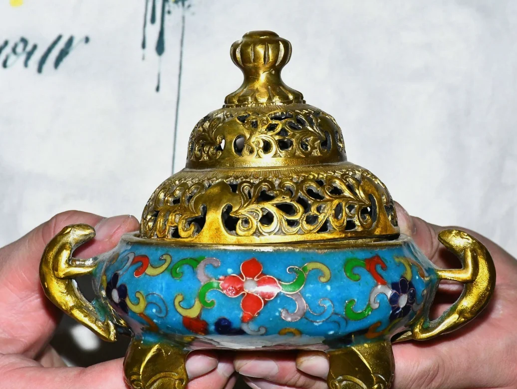 7.4'' Old Qing Qianlong Cloisonne Enamel Bronze 3 Leg Ear Incense Burner Censer