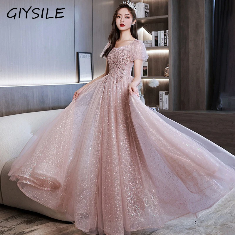 Sparkly Tulle Prom Dress Puff Short Sleeve Sequin Embroidery Long Formal Evening Gown Lace Up Back Floor Length Wedding Dresses