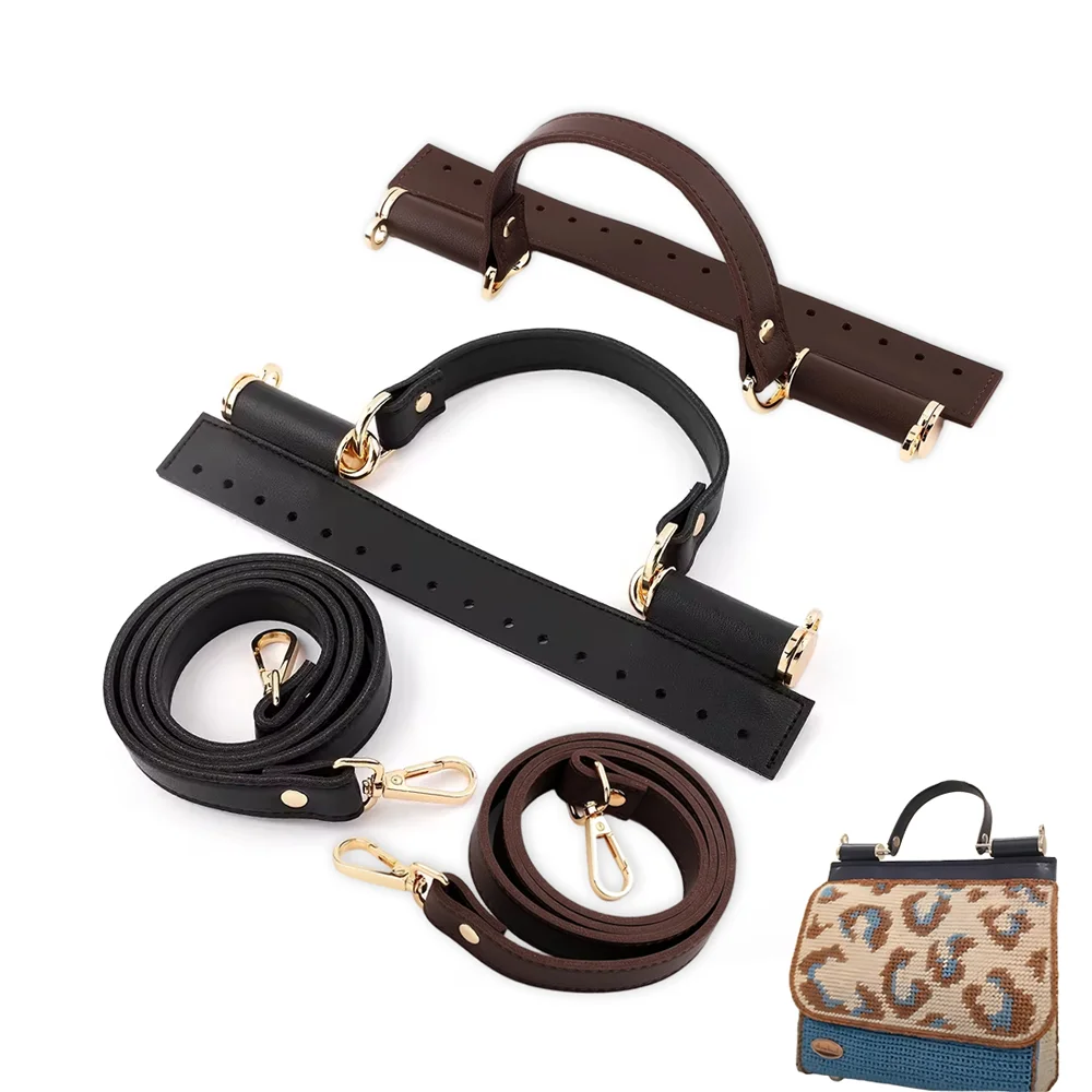 1set Women Handbag Handle Leather Bag Set Crossbody Shoulder Bag Strap Black Coffee Woven Bag Handle With Hardware Accessories