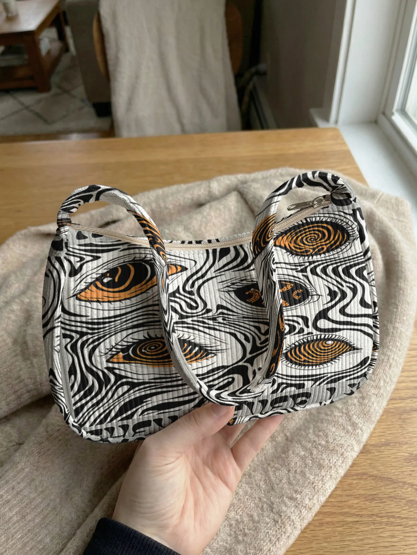 Trendy Psychedelic Eye Print Shoulder Bag, Corduroy Underarm Bag for Daily Casual Use