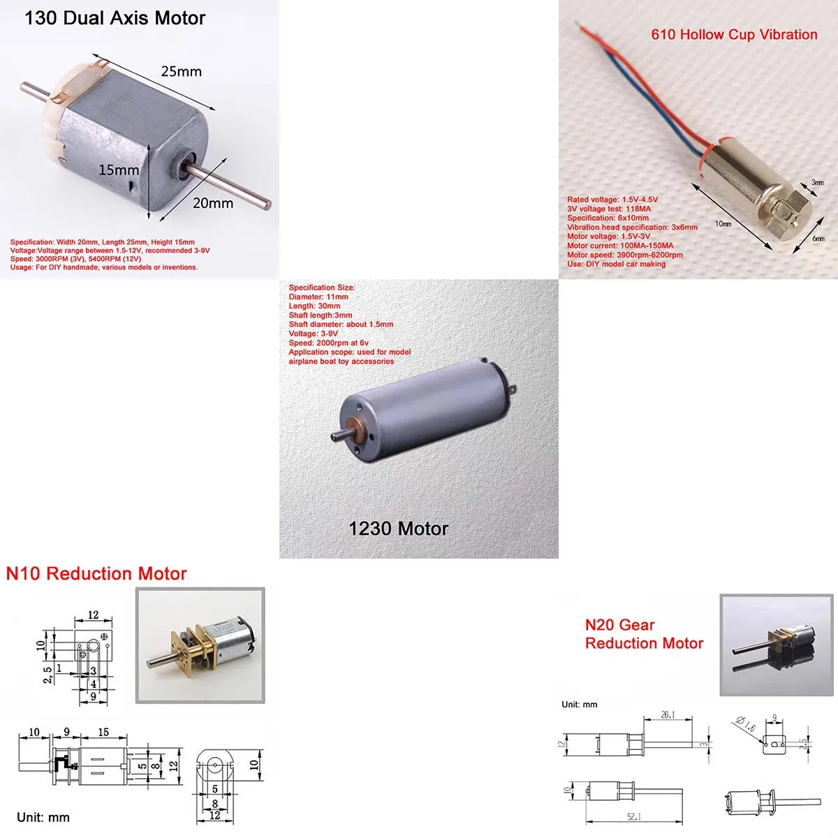 1Pcs Multi-type DC Motor High Speed 610 Hollow Cup/130/1230/N20/N10 Motor Model DIY Making Accessories