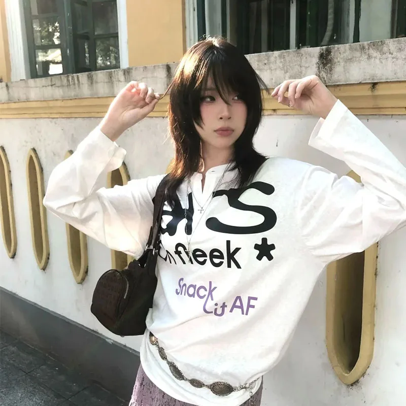 Harajuku تي شيرت مطبوع المرأة كم طويل فضفاض بلايز عادية Y2k خمر الجرونج القمم اليابانية 2000s الشارع الشهير بلايز