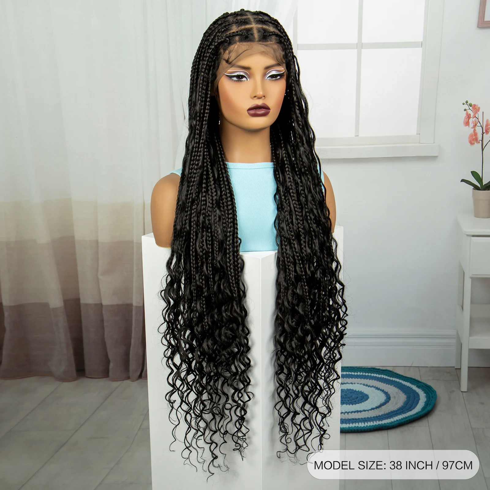 Natural 38 Inch Synthetic Braideds Wigs Full Lace Knotless Box Braided Wigs Deep Wave Braided Lace Wigs for Women with Baby Hair