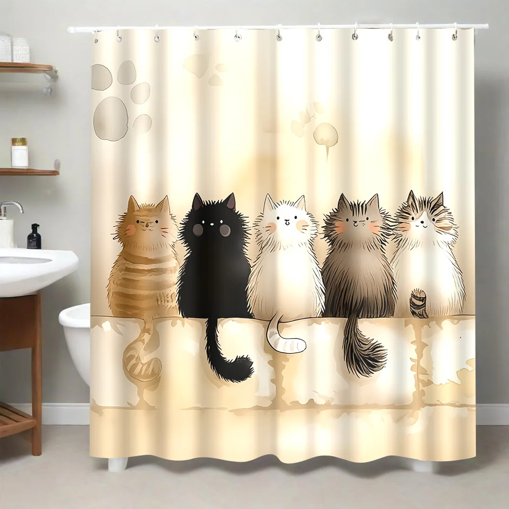 1 PC Shower Curtain with Five Furry Cats and Fun Paw Prints, Including 12 Hooks, 180 X 180 cm. Perfect for Bathroom Decor, En view 4