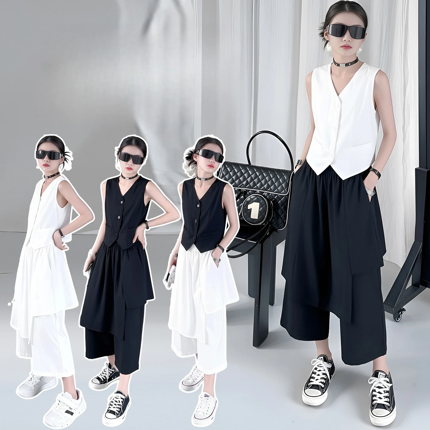 

Летний комплект одежды для девочек-подростков: белый и черный топ без рукавов + широкие брюки с декоративными вставками, 2 предмета, детский костюм для девочек, комплект для детей.