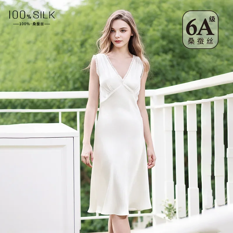 

100% Mulberry Silk Sleeveless Long Nightdress V Neck Vest Nightdress Homewear Intimate Lingerie Sexy Chemise Sleepwear Nighty PJ