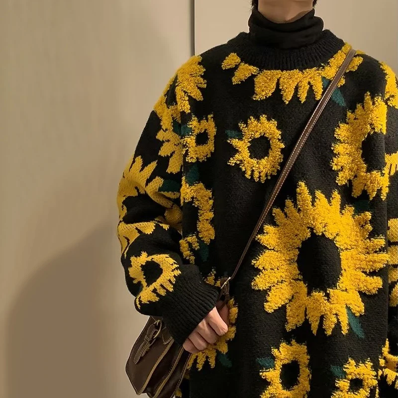 

Winter Sunflower Jacquard Knitted Sweaters For Men Y2K Vintage Streetwear Crewneck Pullovers New Harajuku Loose Jersey Hombre