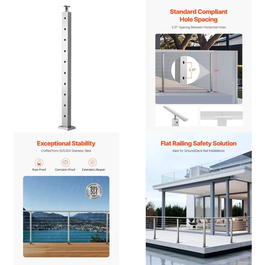 

VEVOR Cable Railing Post Level Deck Stair Post 36 x 0.98 x 1.97" Cable Handrail Post Stainl Steel Wire Drawing Deck Railing Pre