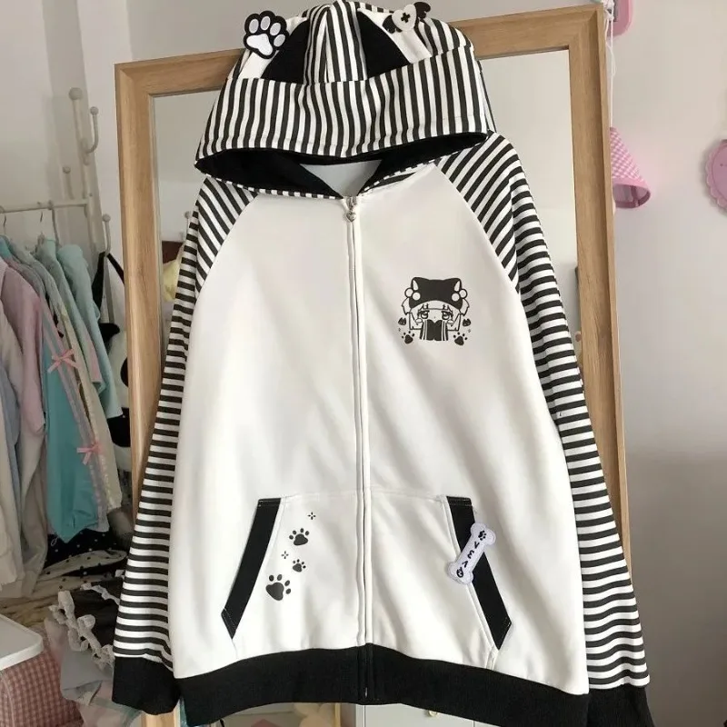 Deeptown Y2k Kawaii Cartoon Print Zip Up Women Striped Hoodies Harajuku Japanese Fashion Hooded Sweatshirts Loose Cute New Top