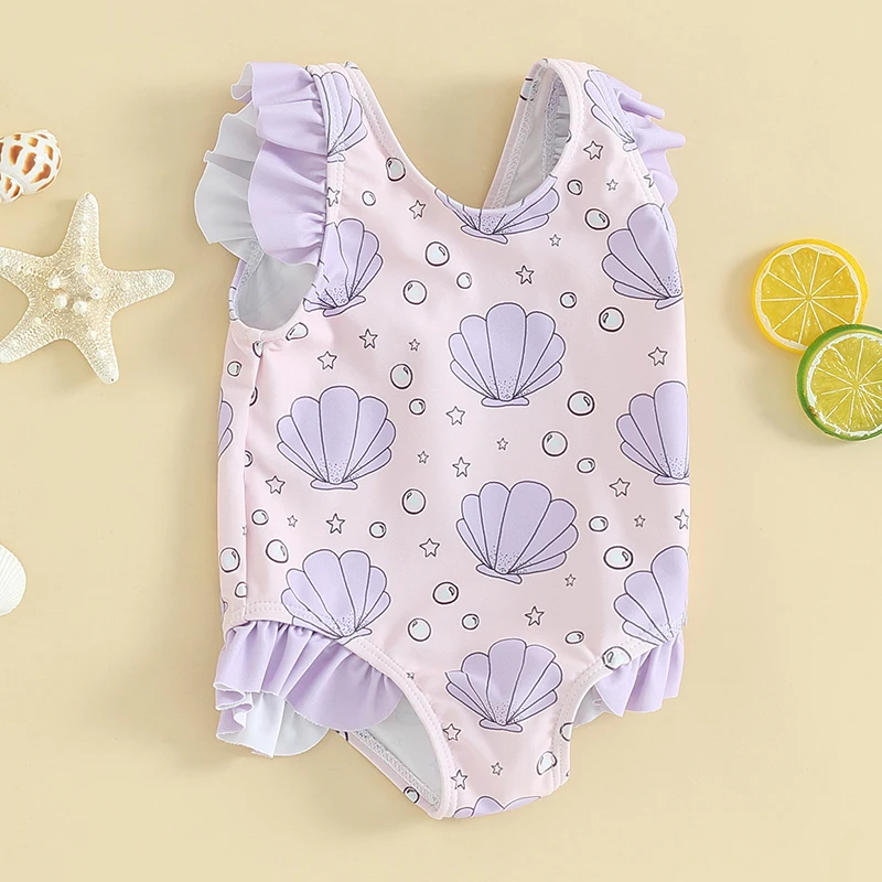 Infant Toddler Baby Girl Swimsuit Sleeveless Shell Star Print Frill Trim Bathing Suit Summer Beach Wear