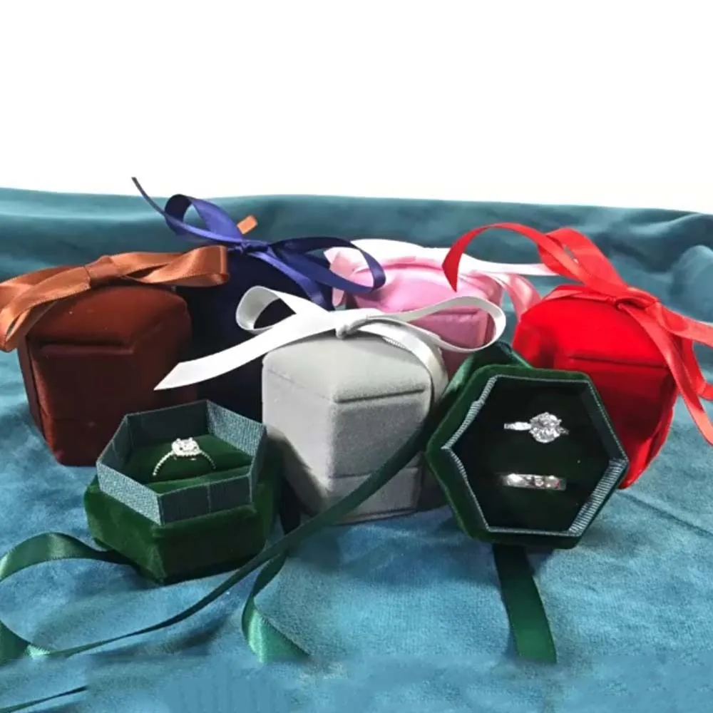 المخملية يتدفقون حلقة صندوق الشريط ثلاثي الأبعاد سداسية صندوق مجوهرات بلون القرط تخزين المجوهرات المنظم النساء