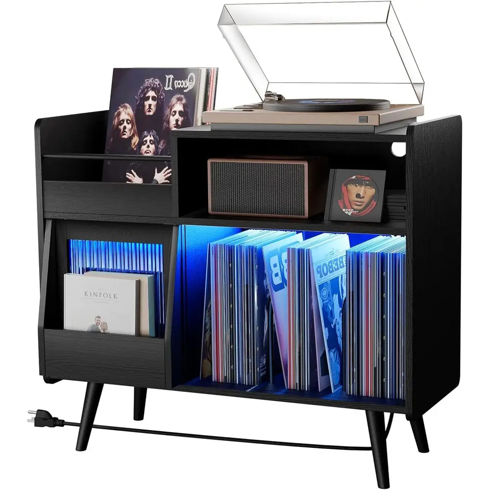 Upgraded Large Black Record Player Stand -Turntable Stand Shel with with Power Outlet and LED Light,Vinyl Record Storage Cabinet