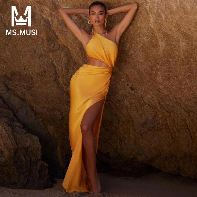 MSMUSI 2024 New Fashion Women Sexy One Shoulder Hollow Out Fold Satin Sleeveless Bodycon Party Club Slit Maxi Dress Long Gown