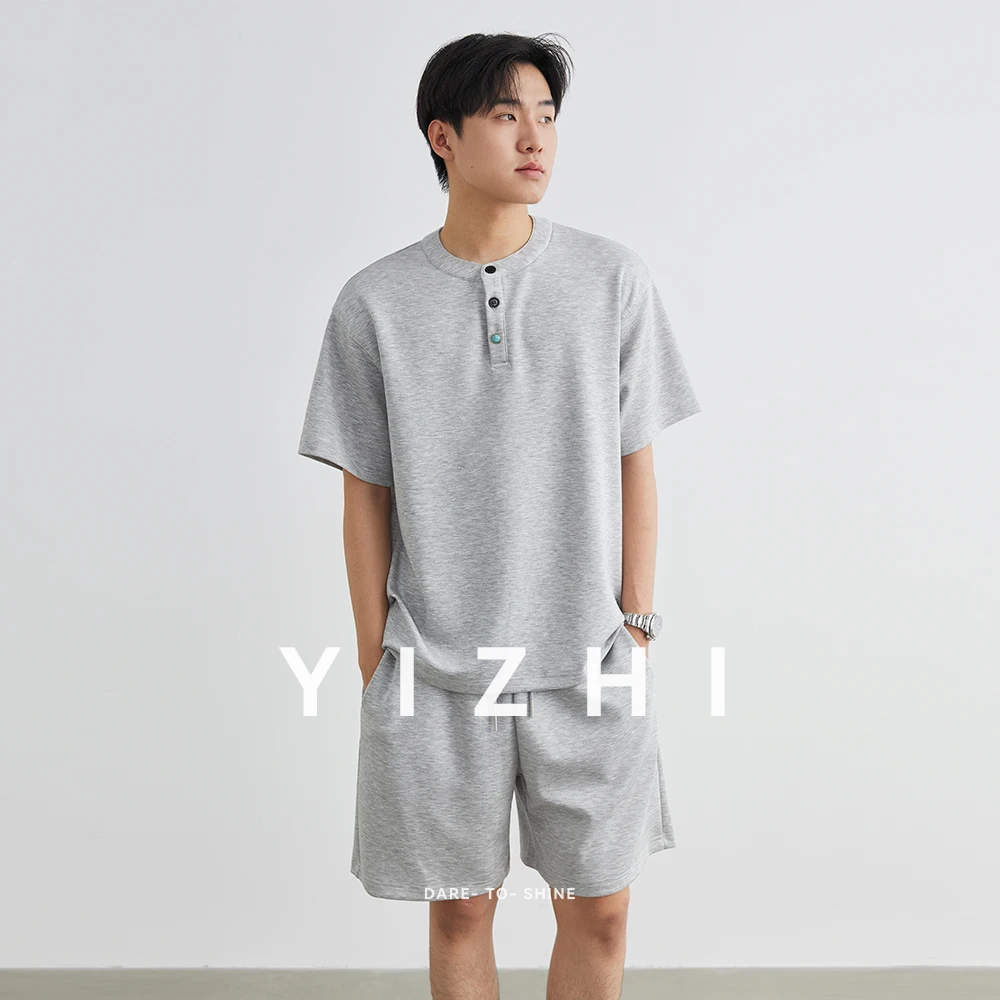 

Fashion Men's Henry Collar Short Sleeve T-shirt Shorts Suit Summer Loose Comfortable Round Collar Casual Men's Tops Shorts Suit