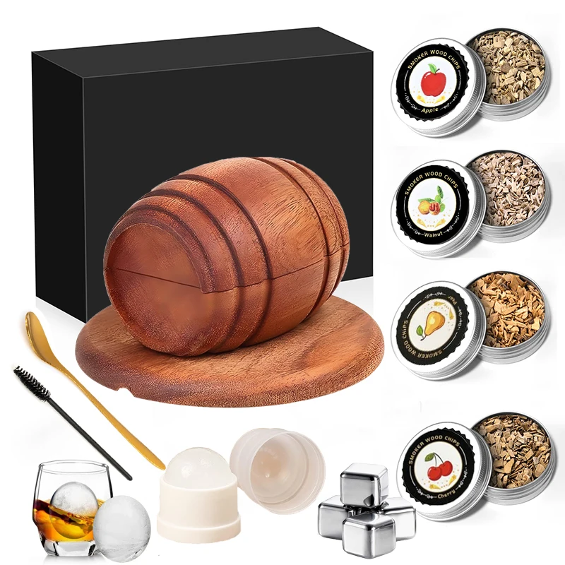 Cocktail Smoker Kit with Apple Cherry Oak Pecan Wood Chips Whiskey Wooden Smoked Wood Hood Smoker for Bar Drinks Kitchen Tools