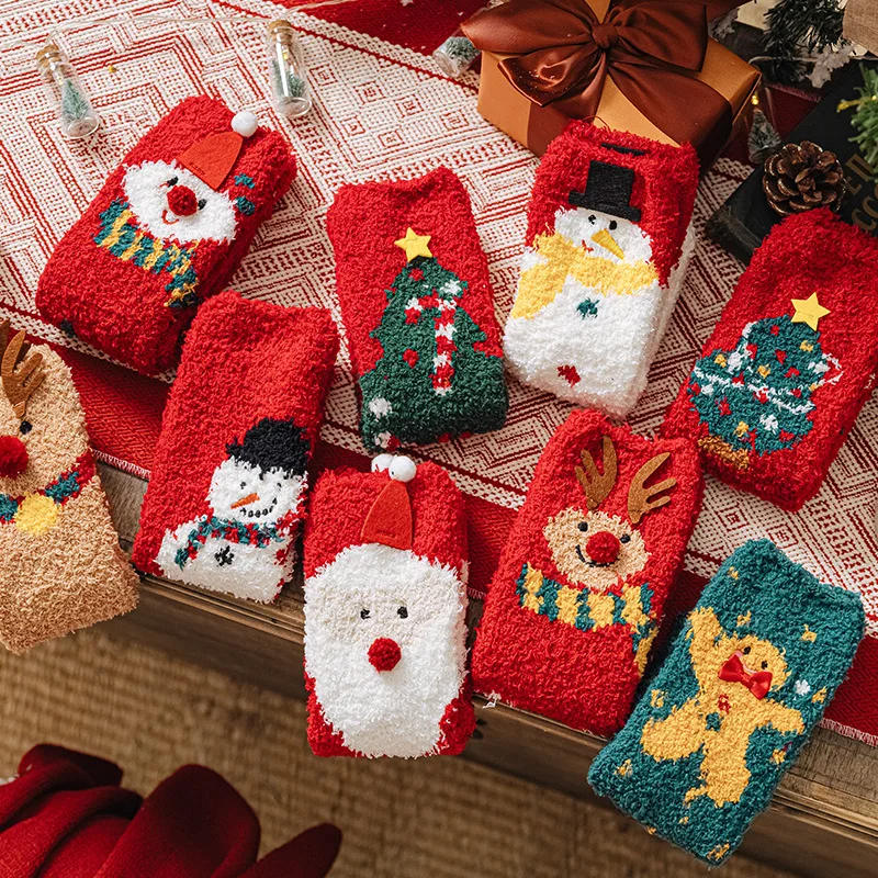 Christmas New Year Terry Sock Coral Children's Fleece Cotton Mid Tube Socks Cute Cartoon  Santa Plush Thick Baby Knee Leg Warmer