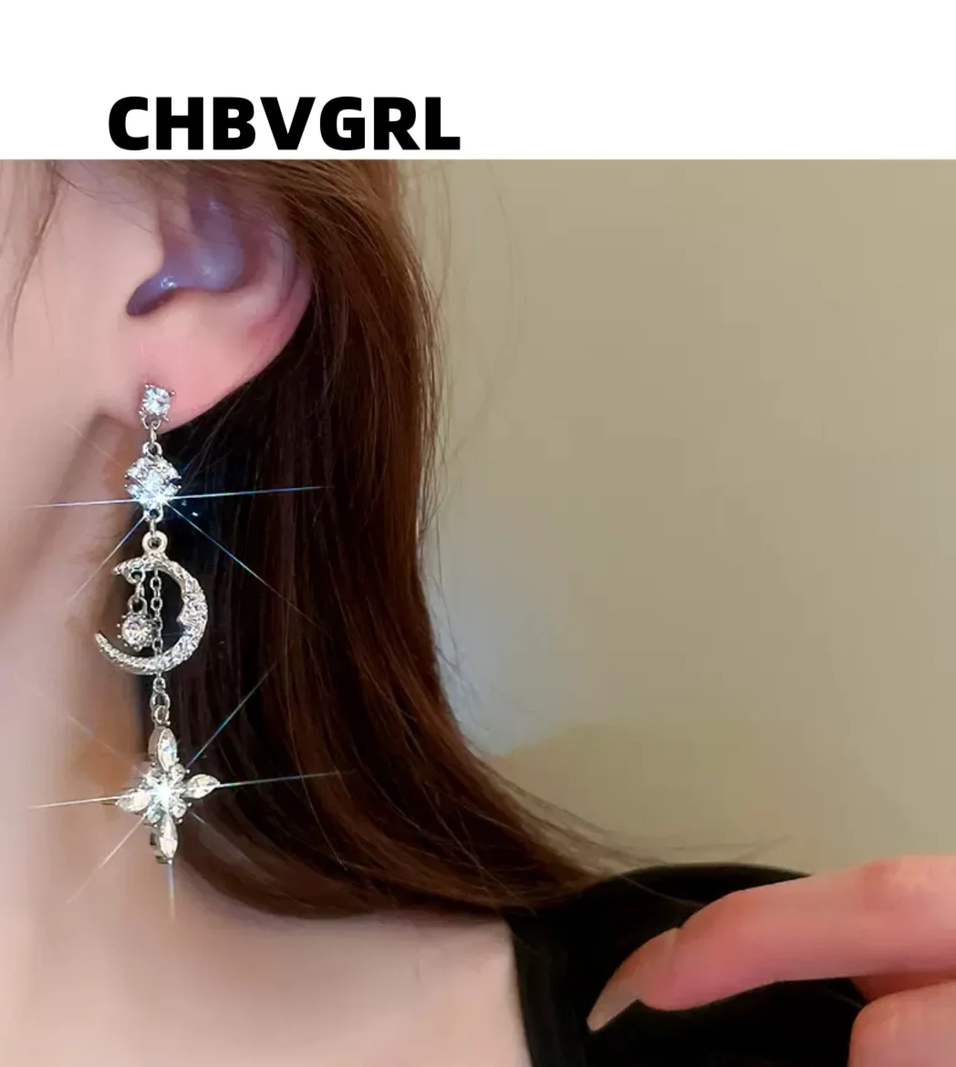 

Fashion star, moon, fringe, silver needle earrings, French court style, luxurious temperament, high-end earring for women