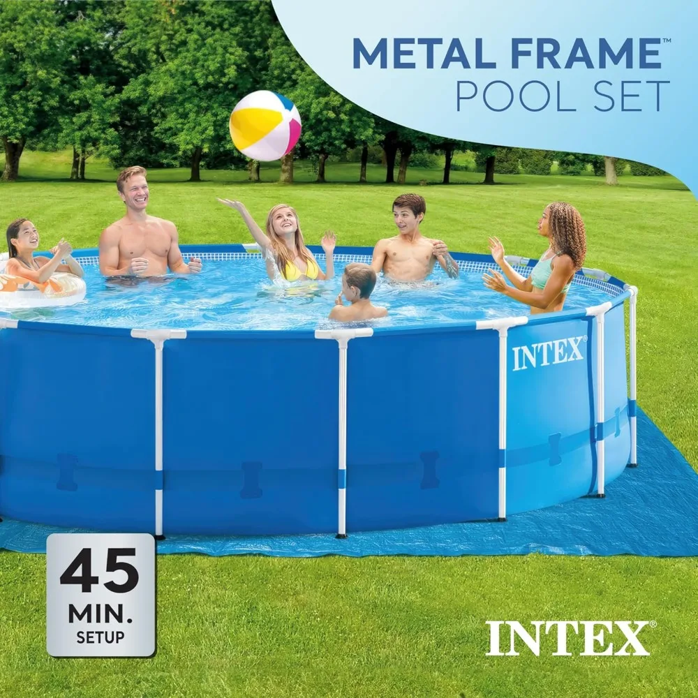 Metal Frame above Ground Swimming Pool Set: includes Cartridge Filter Pump – Removable Ladder – Pool Cover – Ground Cloth