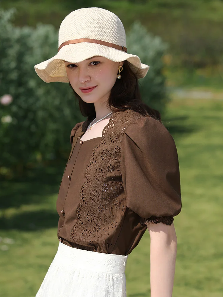 I BELIEVE YOU Shirt & Blouse Women 2024 Spring French Square Neck Lantern Short Sleeve Lace Spliced New Gentle Shirts 2241055633