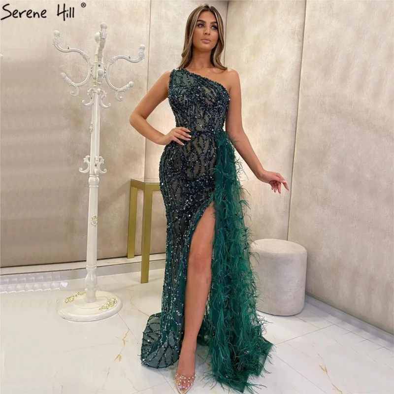 

Women Evening Dress Sequin Padded Feather Decor High Split Maxi Dress Solid Color One Shoulder Sleeveless Tight Waist Gown Dress