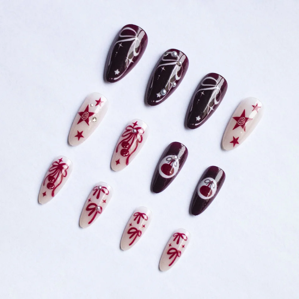 

24 Pieces Detachable False Nail Almond-shaped Wine Red Bow Heart with Diamonds Fake Nails for Temperament Women