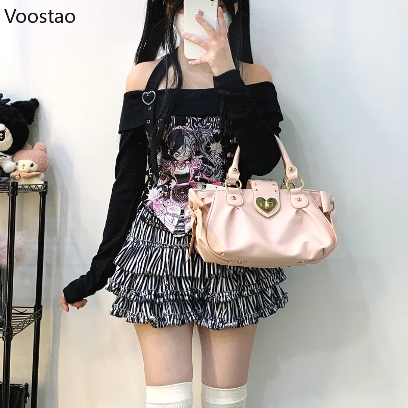 Y2k Aesthetic Japanese Anime Print Slash Neck Slim T-shirts Women Vintage Halter Off Shoulder Tshirts Grunge Gothic Tees Tops