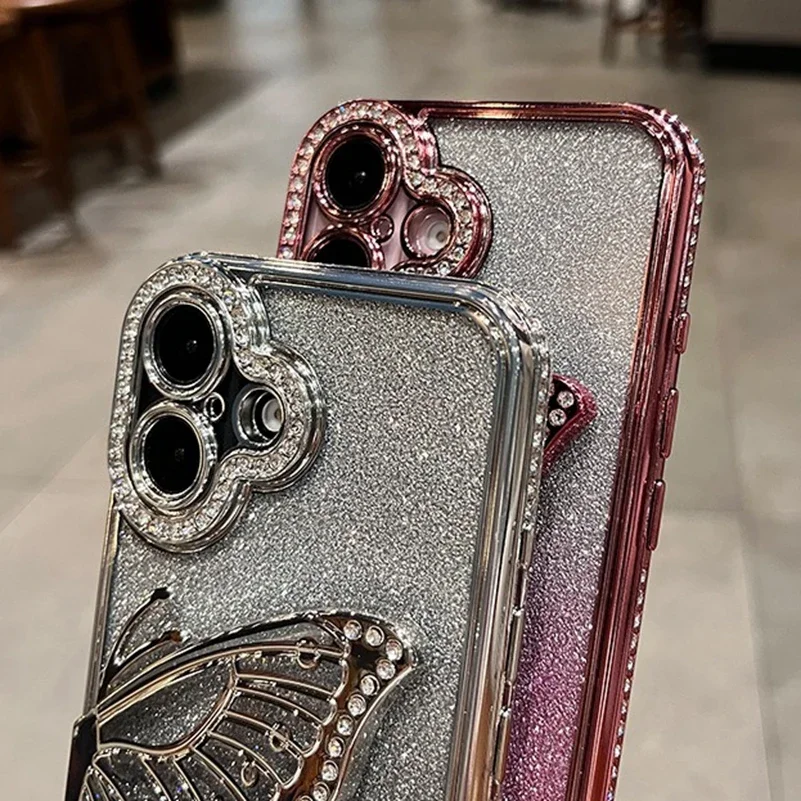 Luxury 3D Butterfly Case for iPhone 17 Air 16 15 13 12 11 14 Pro Max Plus Bling Diamond Glitter Plating Soft Back Cover Funda