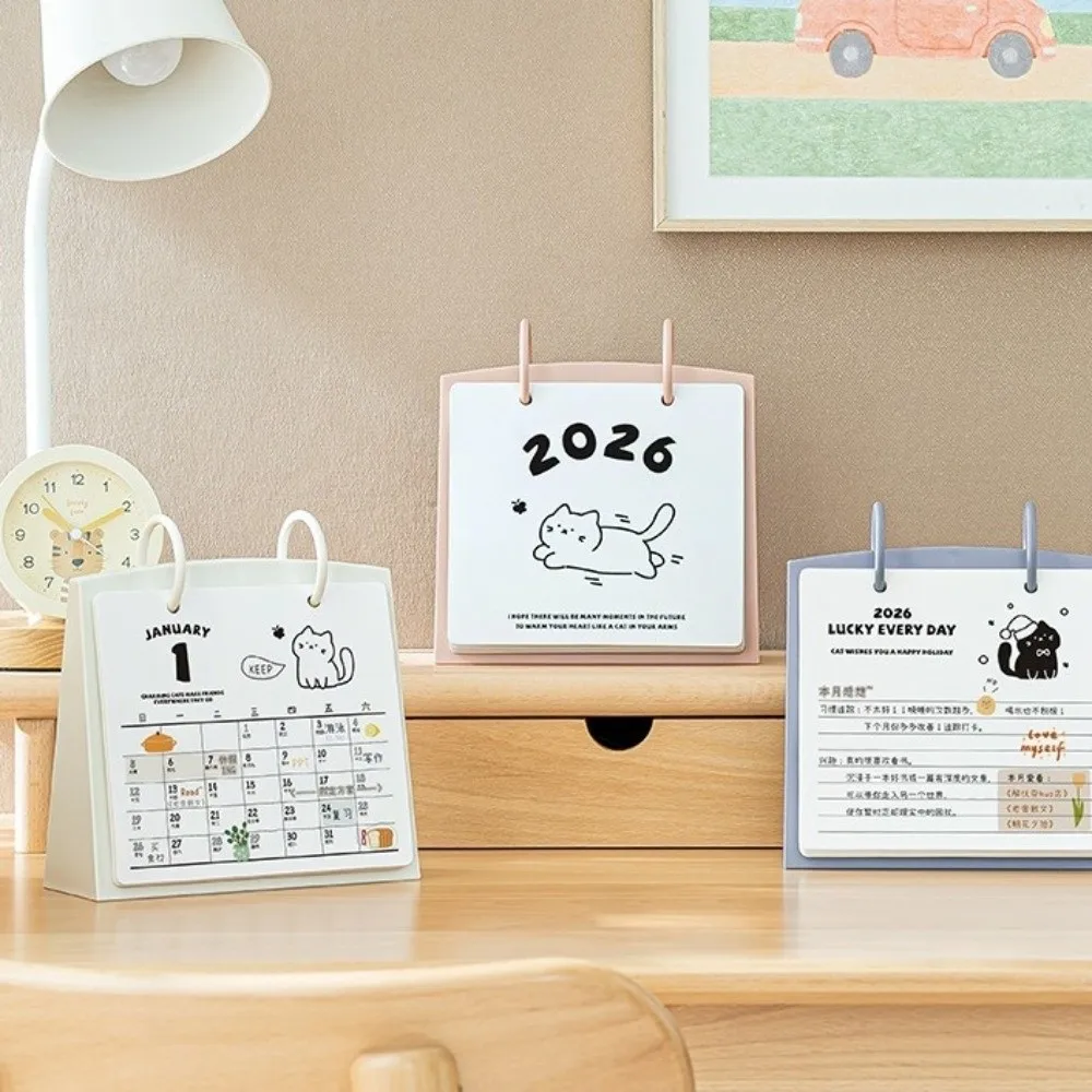 Plastic 2026 Desktop Calendar Cartoon Cat Pattern Standing Flip Calendar Stable Base Portable Table Planner School