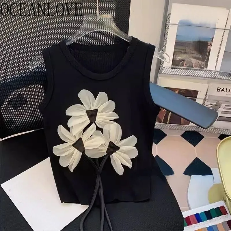 OCEANLOVE 2024 Spring Summer T Shirt for Women Flowers Korean Fashion Ropa De Mujer 3D Flowers Vintage Slim Tank Tops