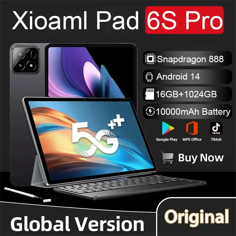 

Original Global Version Pad 6S Pro Snapdragon 888Tablet PC 10000mAh Android 14 10.1inch RAM 16GB 1TB 5G HD 4K Screen WIFI Mi