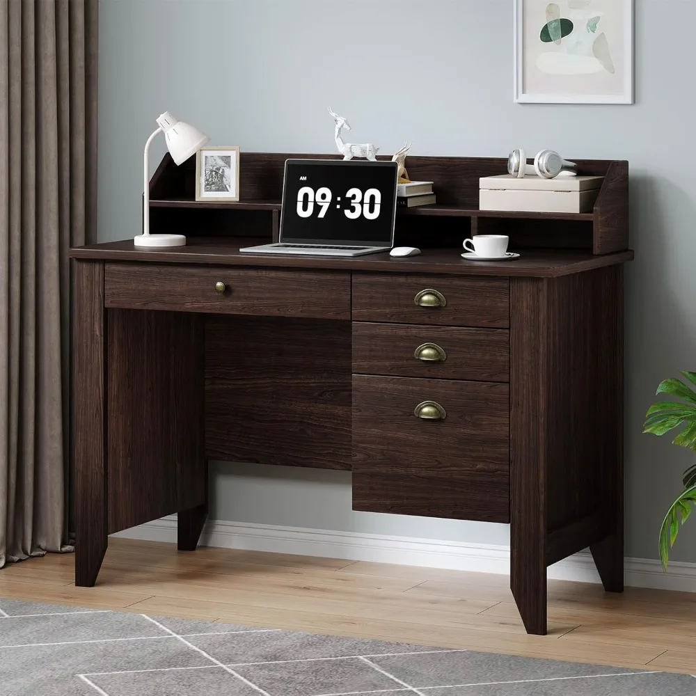 

Small Desk with Drawers, Wood Desk with Monitor Stand, Computer Desks with File Drawer, Small Spaces, Espresso
