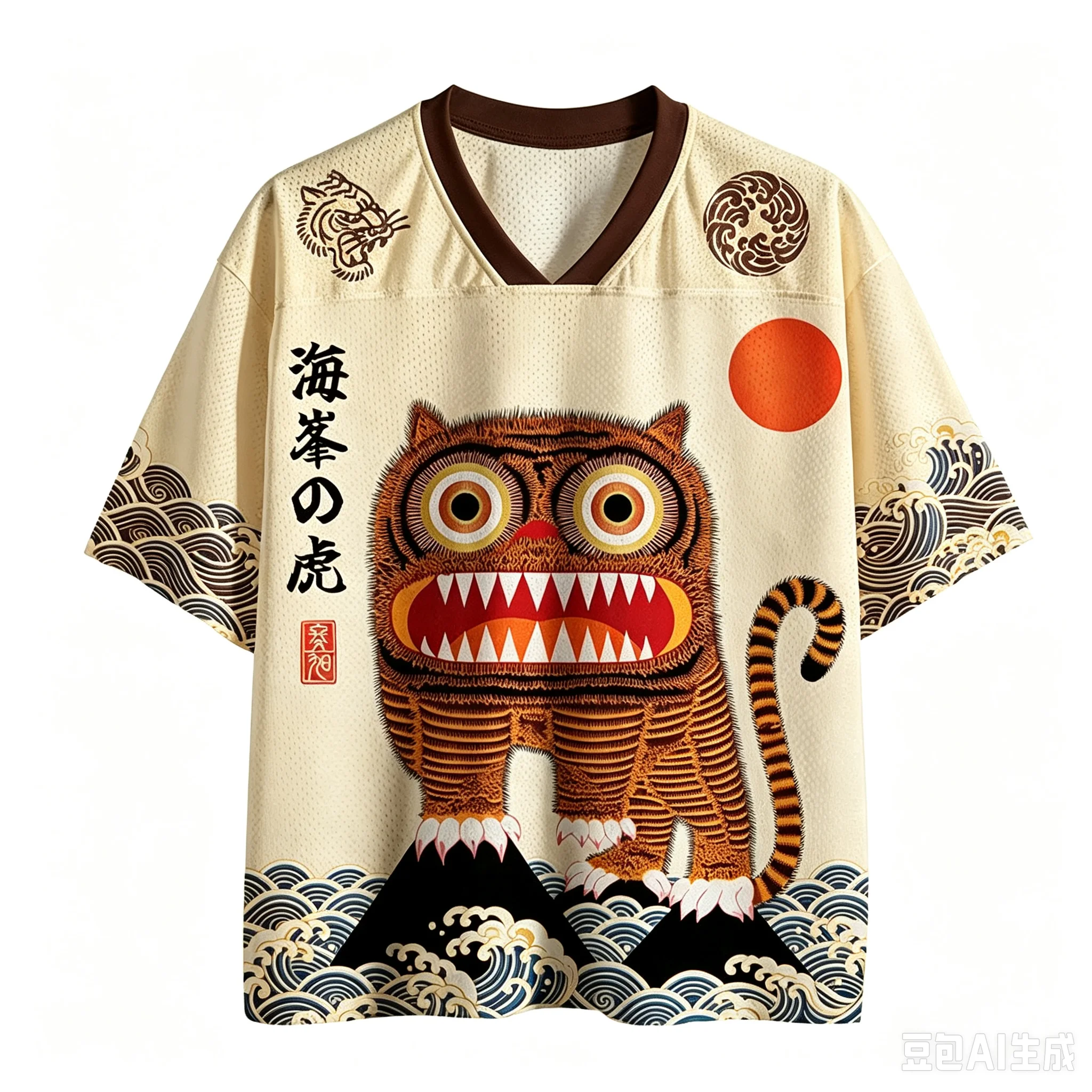 3D-Druck Retro Ukiyo-e-Stil „Hefeng Tiger Wave Red Sun“ Herren Damen Sport- und Fitness-T-Shirt mit V-Ausschnitt, schnelltrocknend, locker geschnitten, Streetwear, lässig – Detail 4