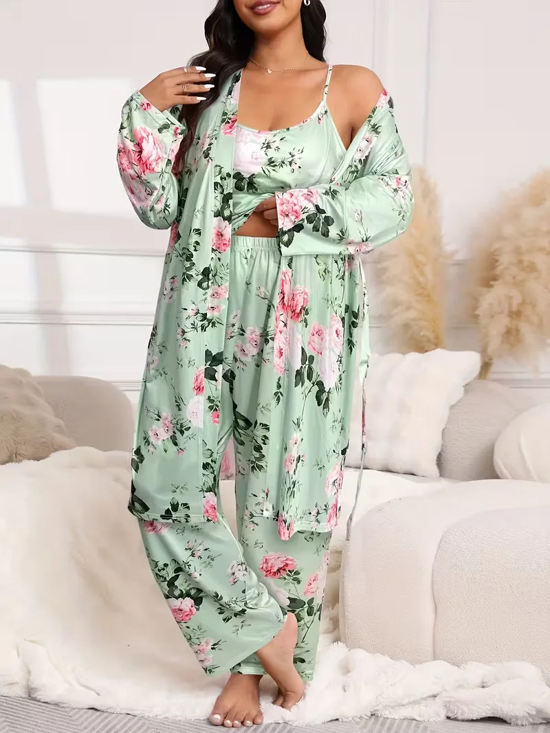 

Women's Print Three Piece Pajama Set Long Sleeve Robe Cami Top and Long Pants Soft Breathable Skin Friendly Loungewear Sleepwear