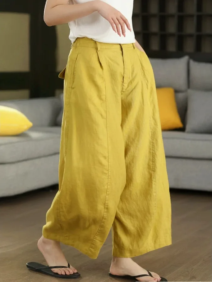 Casual Cotton Linen Wide Leg Pants Women's Nine Points Slimming Trousers Summer Lazy Style Casual Loose Draping Harlan Pants