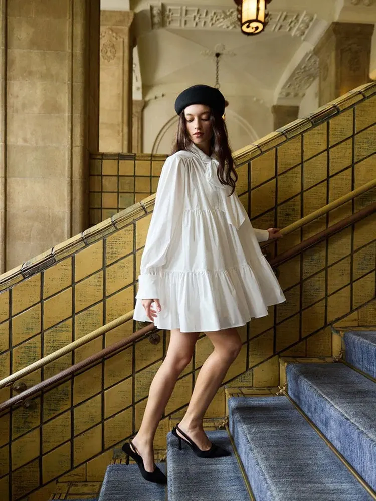 Elegancka francuska koszula z dużą kokardą, długi rękaw, styl japoński, damska luźna sukienka wyszczuplająca, krótka, codzienna, bazowa koszula/top.