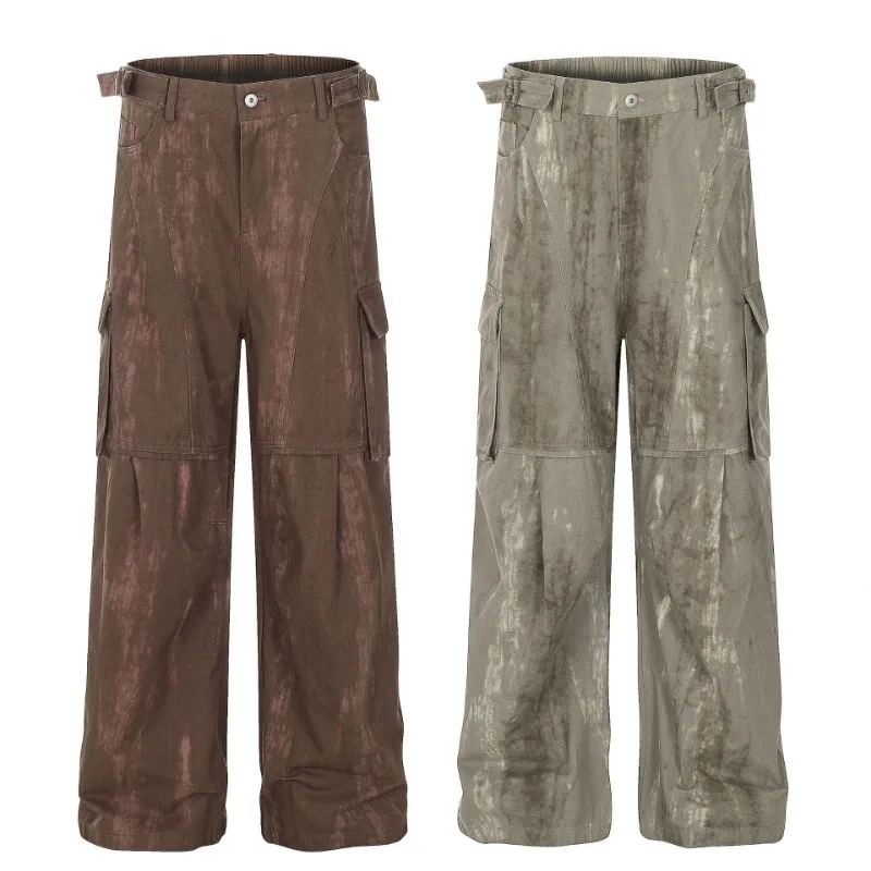 OR FL Retro Tie Dye 100 Cotton Women Staraight Cargo Trousers Advanced Aging Adjustable The Waist Wide Leg Floor Length Pants