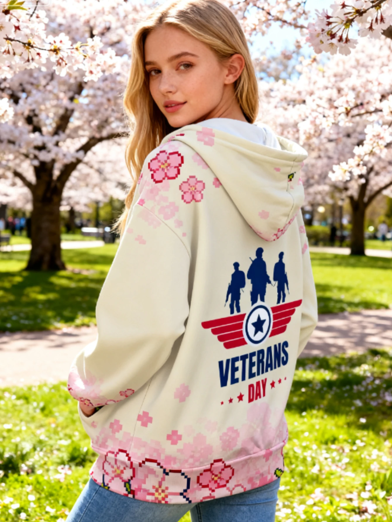 طباعة ثلاثية الأبعاد كاملة الطباعة بكسل الفن أزهار الكرز وجنود يوم المحاربين القدامى صورة ظلية شعار هوديي نمط: دمج إبداعي من Ame #2