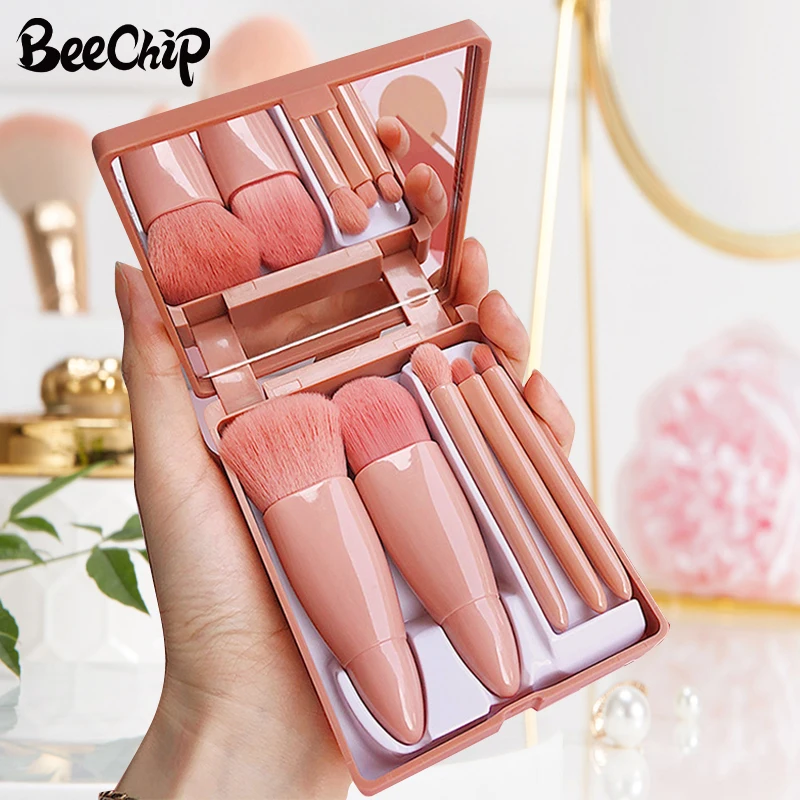 5 PCs Cosmetic Brush Portable Makeup Brush Travel With Mirror Box Makeup Set Brush Loose Brush Blush Brush Eyeshadow Brush