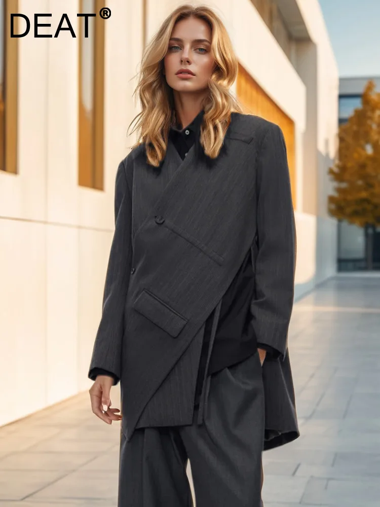 

DEAT Fashion Women Blazer V-neck Diagonal Placket Single Breasted Asymmetric Side Split Suit Jackets Autumn 2024 New CPDB247