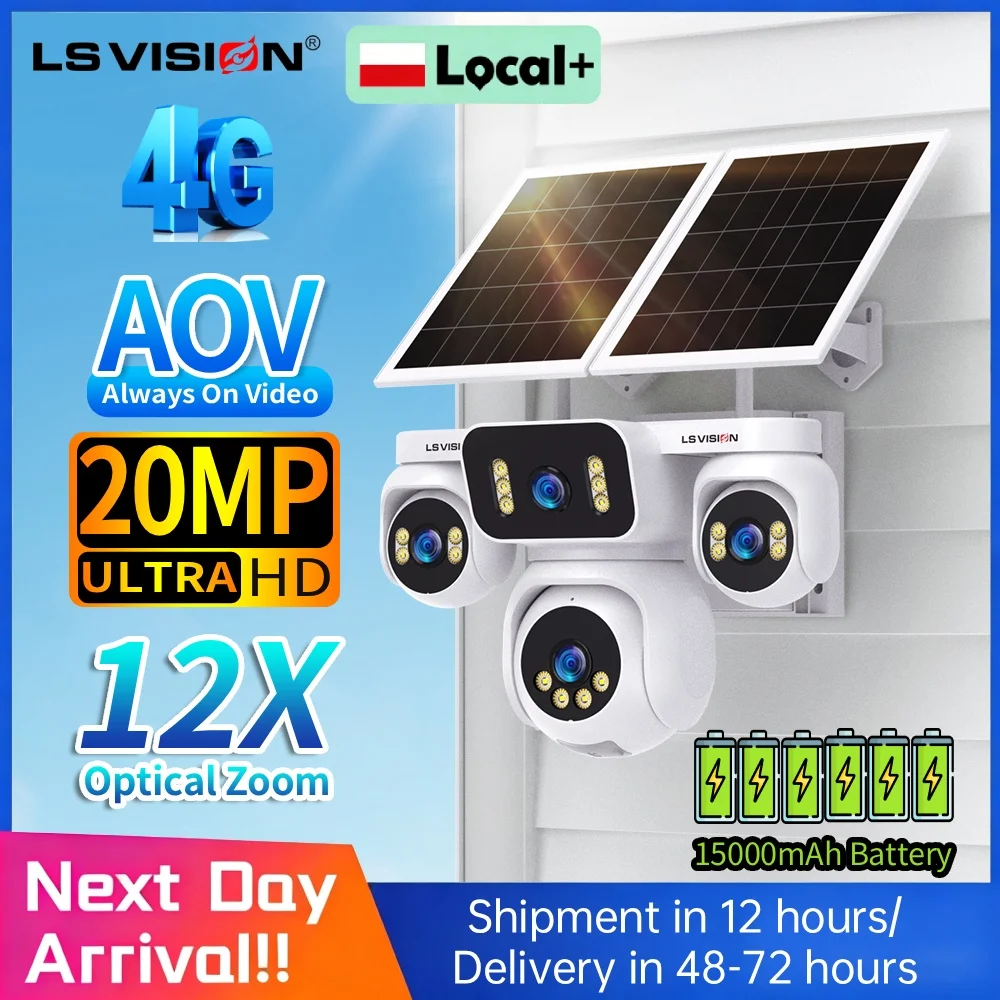 Caméras de surveillance de sécurité LS VISION à 4 écrans, 20MP, AOV, 4G, solaires, zoom optique 12X, extérieures, avec panneau 20W, PTZ, enregistrement 24/7, suivi automatique des personnes, batterie intégrée, IP66