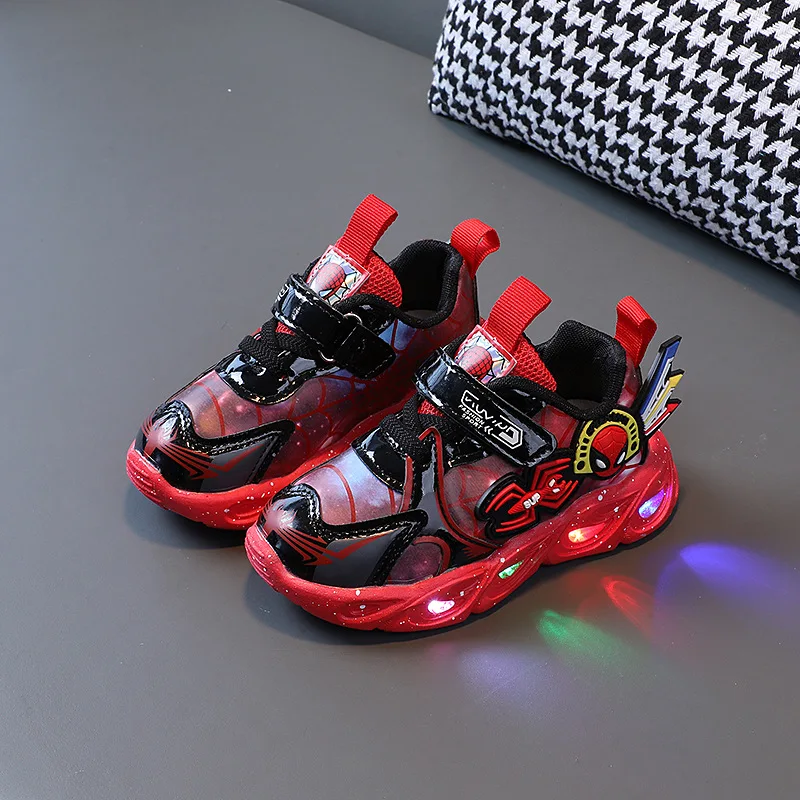 Disney LED Casual Sneakers Red Blue For Spring Boys Spiderman Leather Outdoor Shoes Children Lighted Non-slip Shoes Rozmiar 21-30