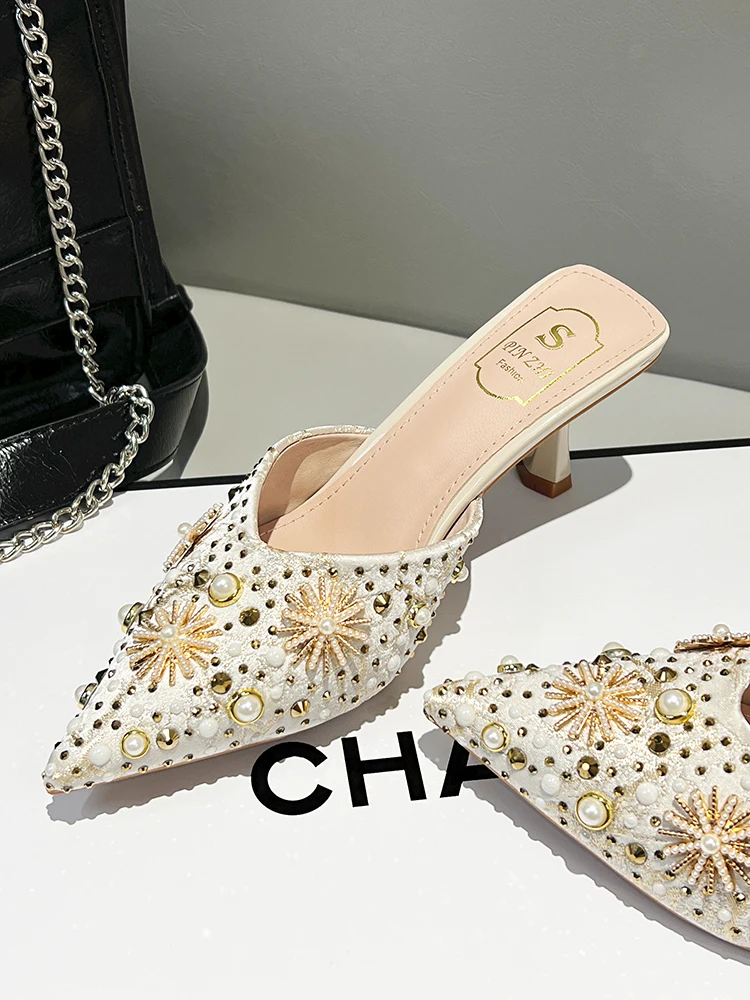 Women's Summer 2026 Fashionable Diamond Decorated Pointed Toe High Heel Half Slippers Outdoor Wearable Thin Heel Sandals