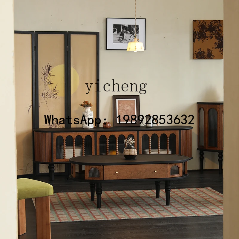 retro oval solid wood sofa coffee table small apartment cherry wood living room home multi-function