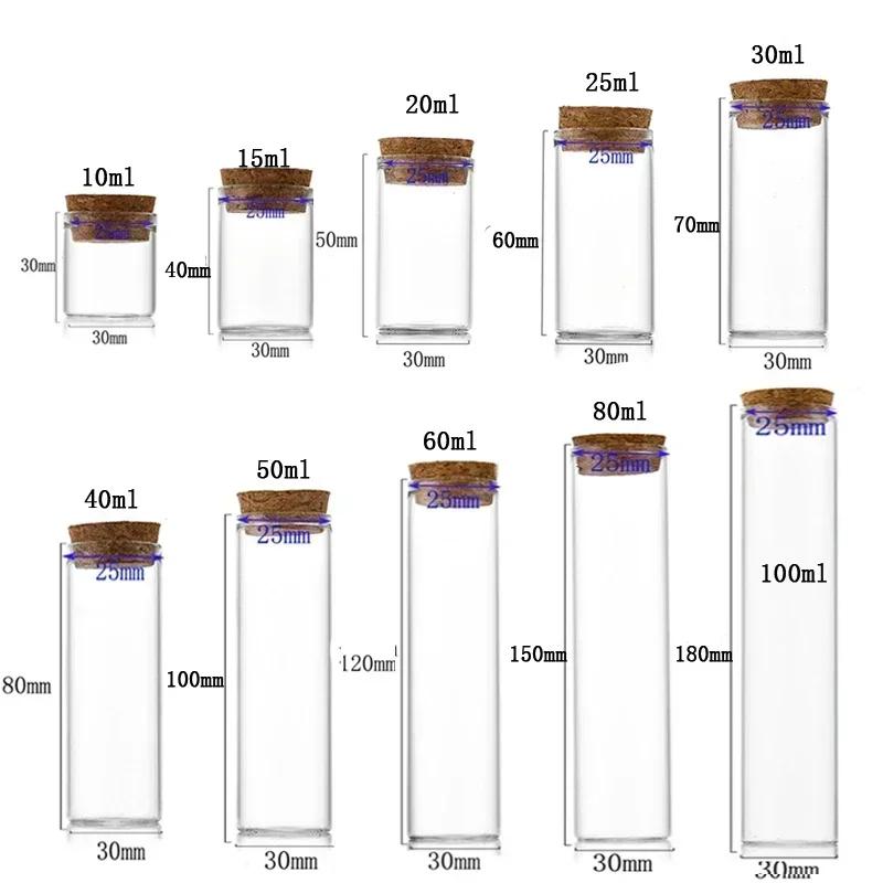 10Pcs 10-100ml Corked Glass Test Tube Bottle Mini Travel Clear Straight Mouth Candy Terrarium DIY Wedding Craft Wishing Bottles